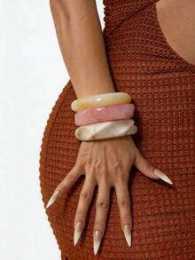 4pcs Set Exaggerated Geometric Bangle Bracelets, Minimalist Luxury Beige & Pink Wide Open Cuff Bracelets, Elegant Versatile Stackable Jewelry - Multicolor - View 2
