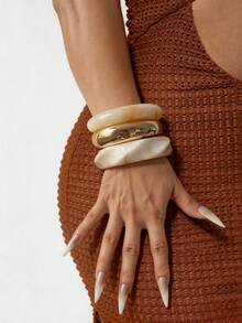 4pcs Set Exaggerated Geometric Bangle Bracelets, Minimalist Luxury Beige & Pink Wide Open Cuff Bracelets, Elegant Versatile Stackable Jewelry - Multicolor - View 1