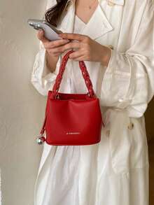 Bolso cuadrado portátil de material de PU impermeable con diseño de patrón de letras, decoración con colgante de metal, bolso elegante portátil preparado, bolso de negocios y viajes, adecuad - Colores Pastel - Ver 11
