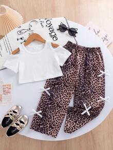 2pcs Girls Summer Fashion Casual Street Style Vintage Black Off-Shoulder Short Sleeve Top Paired With Leopard Print Pants, Black Ribbon Bow Decor, Suitable For School & Street Wear - White - View 1