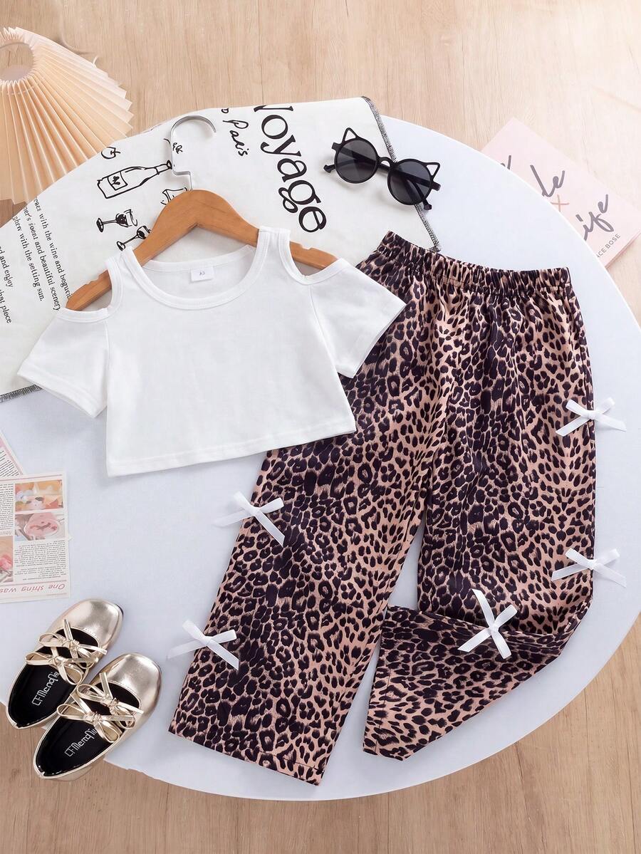 2pcs Girls Summer Fashion Casual Street Style Vintage Black Off-Shoulder Short Sleeve Top Paired With Leopard Print Pants, Black Ribbon Bow Decor, Suitable For School & Street Wear - White - View 1
