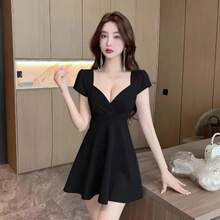 Vestido Sexy de Corte Bajo y Línea A, Entallado en la Cintura, para Discoteca o Trabajo, Manga Corta, Cuello en V, Mezcla de Poliéster, Estilo Chino, Arte Retro - Negro - Ver 4