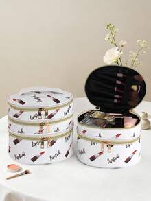 1pc Oval Lipstick Print Makeup Bag, Zipper Closure, Durable PU Material, Large Capacity Portable Cosmetic Bag, Design - Multicolor - View 3