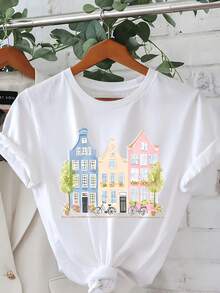 Tallas Grandes - Tallas Grandes - Camiseta estampada, diseño de casa, top casual de manga corta y cuello redondo, adecuada para verano y primavera, ropa de mujer de talla grande - Camiseta unisex de algodón holgada de manga corta y cuello redondo estilo vintage urbano. - Blanco - Ver 7