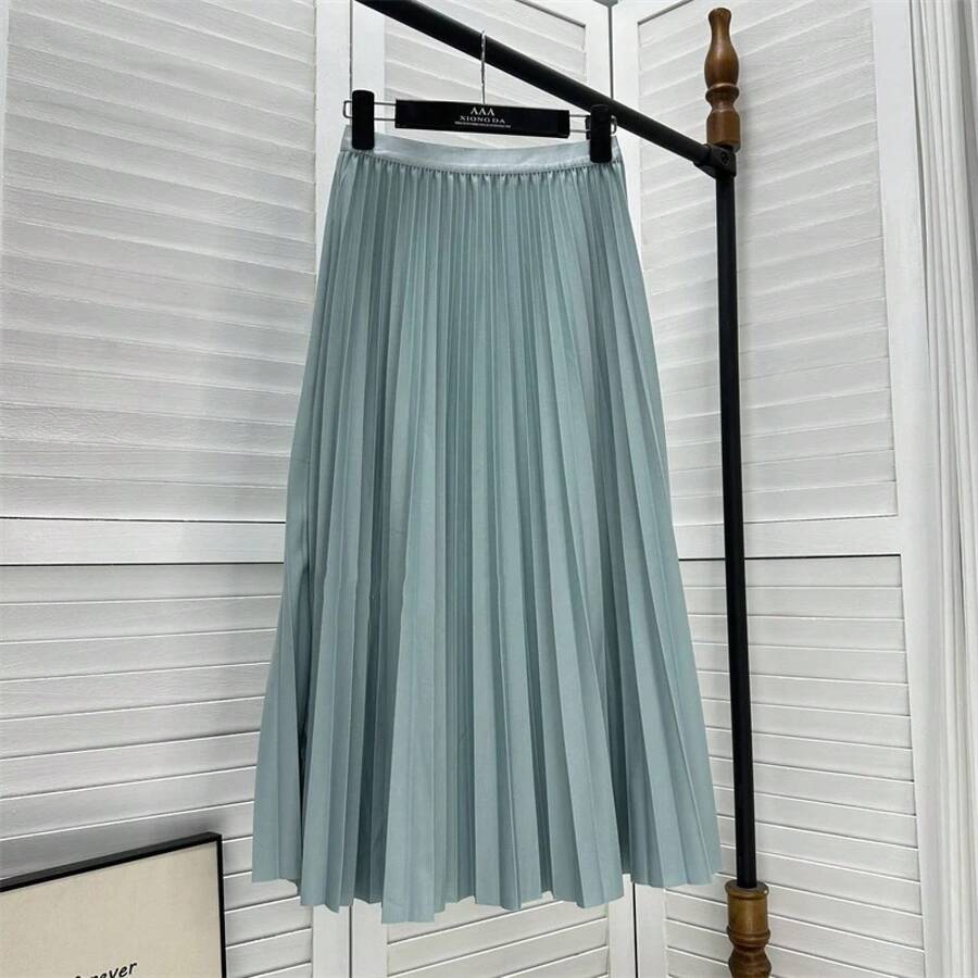 Falda Plisada Elegante de Cintura Alta para Mujer 2026, Falda Midi Larga, Negra, de Alta Calidad - verde claro - Ver 1