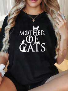 2026MOTHER OF CATS Women's Short Sleeve T-Shirt With Text Print, Round Neck, Spring/Summer, Casual Gift For Shopping And Vacation, T-Shirt For Friends Gatherings And Party Outfits. - 黑色 - 查看 7