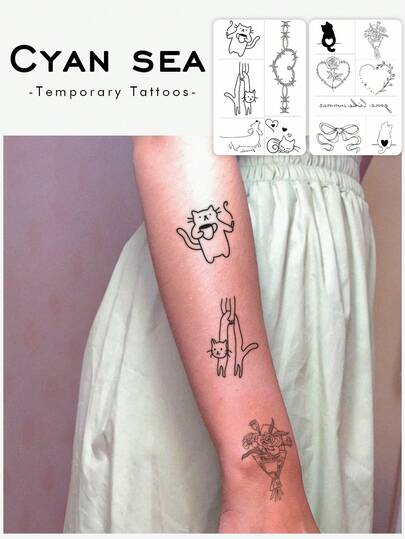 2 Tattoo Stickers, Minimalist Line Style Featuring Cats, Roses, Hearts, And Butterflies, Temporary Tattoo Stickers, Washable, PVC, Single-Use, Waterproof And Sweatproof, Suitable For Arms, Waist, Abdomen, Back, And Legs, Non-Reflective, Realistic Tattoos, Suitable For People, Daily Use, Lasting 3-5 Days