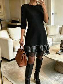 Spring Women's Commuting Fashion Casual Knit Fabric Black Patchwork Lace Leather A-Line Mid-Sleeve Round Neck Dress Elegant - Black - View 2
