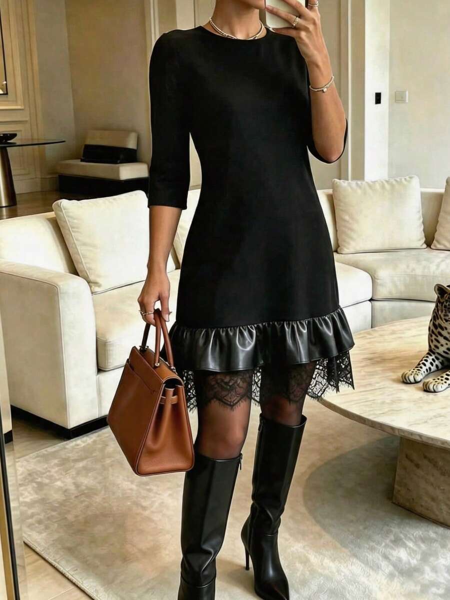 Spring Women's Commuting Fashion Casual Knit Fabric Black Patchwork Lace Leather A-Line Mid-Sleeve Round Neck Dress Elegant