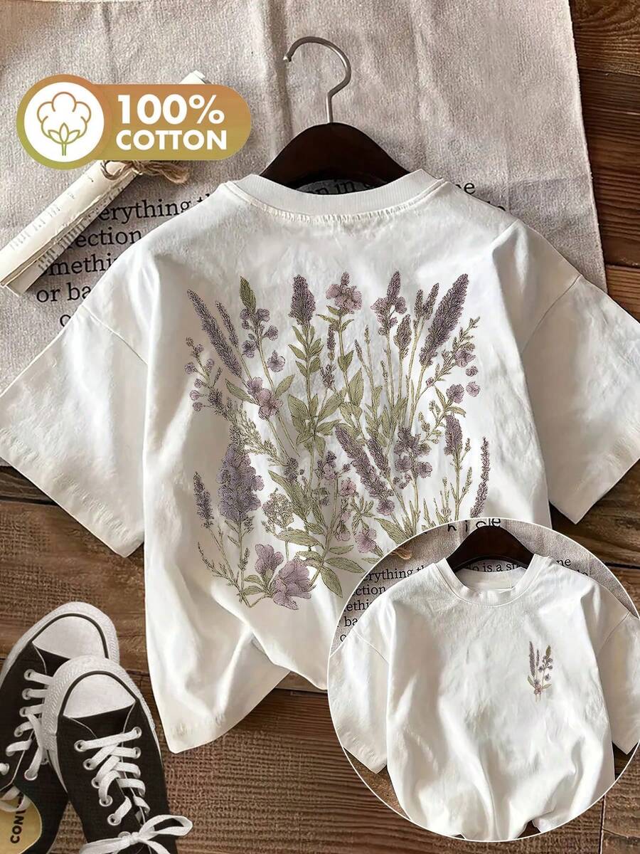 [Double-Sided Print] Summer Casual Top For Women, Hand-Painted Lavender And Branch Pattern, Round Neck, Short-Sleeved T-Shirt [Ling K] Women's T-Shirt - White - View 1