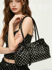 1 pieza Bolso de mano con decoración de correa a lunares negros, bolso de hombro de moda, adecuado para chicas, mujeres, estudiantes universitarias, jóvenes profesionales, excelente para el trabajo, los negocios, el transporte y la escuela - Negro - Ver 7