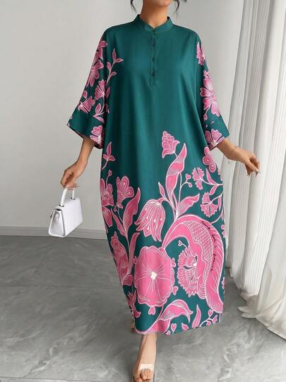 1 chiếc Abaya Ả Rập dành cho nữ, kiểu dáng dài, in họa tiết, cổ đứng, tay raglan, dáng rộng, thích hợp mặc thường ngày, thanh lịch, sang trọng, dự tiệc tối, trang phục truyền thống Ả Rập, áo choàng đi nghỉ mát, Abaya dáng rộng.
