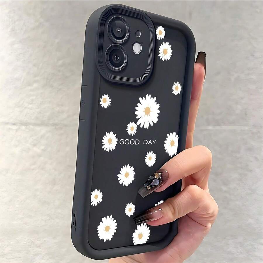 1件裝 雛菊花漸層砂岩紋理黑色溝槽手機殼,適用於 iPhone 15/16/17 - 黑色 - 查看 1