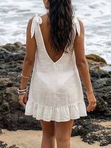 Women's Bikini Cover-Up Dress, Solid Color, Ruffle Trim, Adjustable Straps, Bowknot Beach Dress - White - View 4