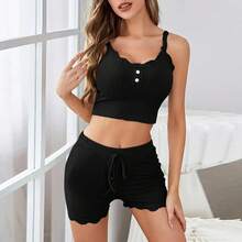 Conjunto de pijama de dos piezas para mujer, camisola corta con ribete de encaje de punto acanalado, Top y pantalones cortos, ropa de dormir de verano, ropa de casa, nueva  caliente - marrón rojizo - Ver 2