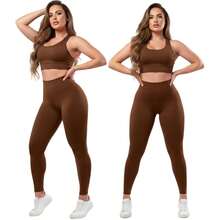 Combo Of 4 Sets Of Leggings, Gym Workout, Supplex Top And Pants A01 Plain - 黑-灰-綠-棕 - 查看 6