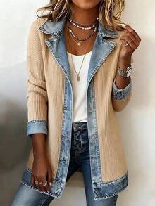 Women's Patchwork Jacket Slim Fit Long Sleeve Elegant Casual Autumn Coat - Red - View 2