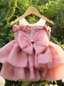Baby Girl 3D Flower Bow Tulle Princess Party Dress, Suitable For 1st Birthday, Party, Wedding, Formal Occasions - Pink - View 6