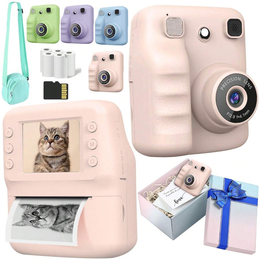 Instant Print Camera 16x Zoom 1080P HD Video Selfie Digital Camera With Printing Paper, Portable Travel Printing Camera, Graduation Birthday Holiday Gift, Suitable For 3-12 Years Old Boys And Girls Portable Toy Digital Camera