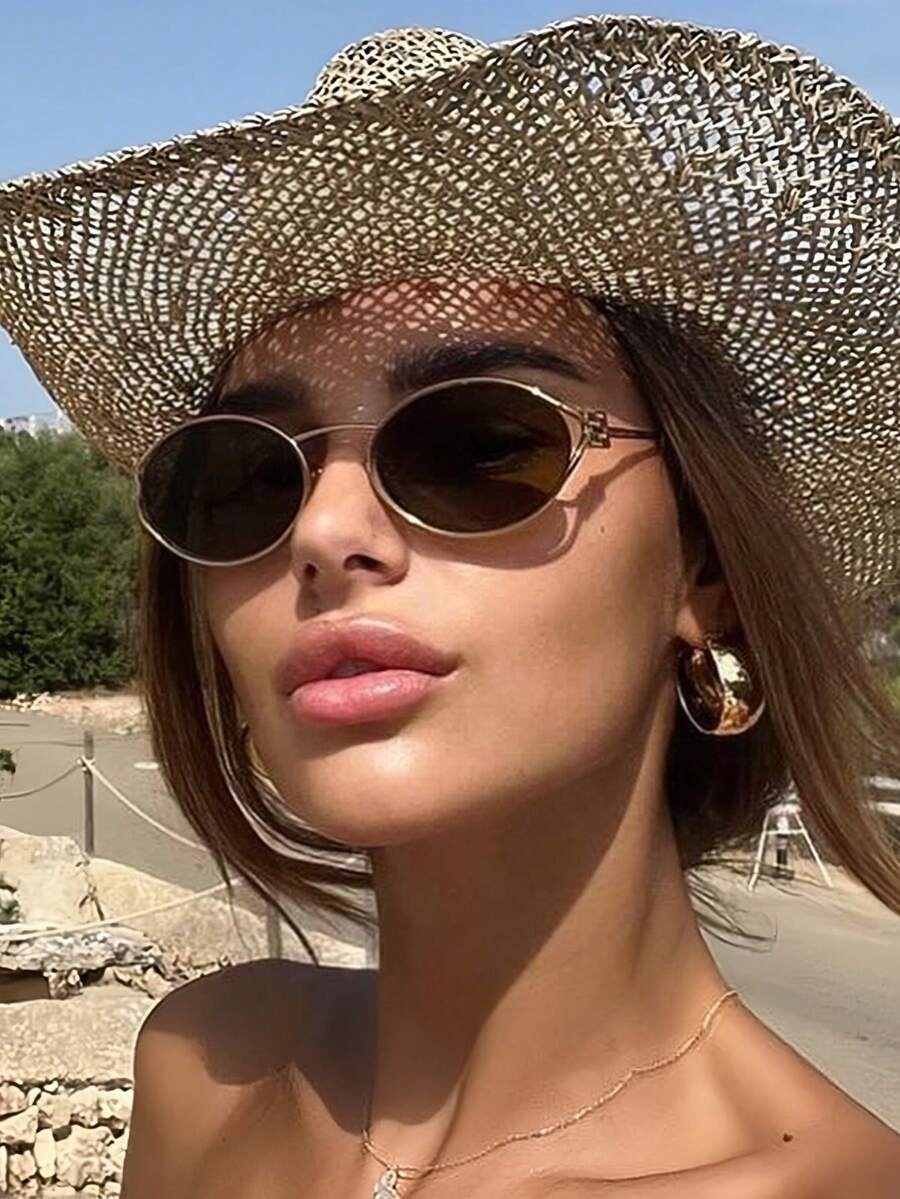 1pc Retro Oval Full-Rim Multifunctional Women's Fashion Glasses, Suitable For Travel, Vacation, Beach Accessories, Y2K Style - Brown - View 1