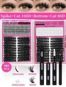 LASH SKYQD 512pcs/480pcs/472pcs/276pcs D Curl Lash Clusters Kit, Bottom/Spike/Mega/Cat/Brown Lashes Volume Wispy False Eyelash DIY Individual Clusters Lash Kit, Kit With Bond&Seal Tweezers, DIY At Home Easily - 黑色 - 查看 13