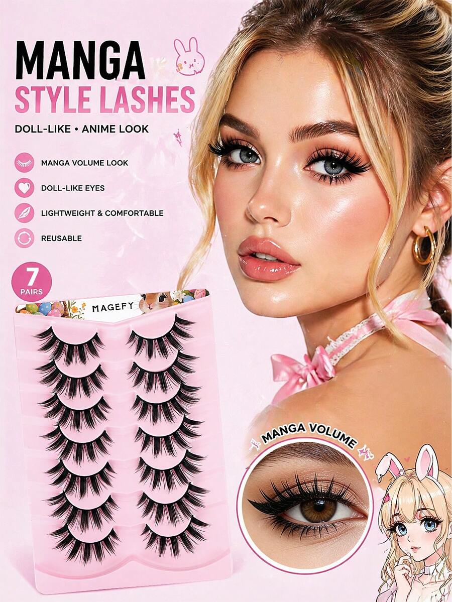 MAANGE 7 Pairs Cartoon Style Reusable False Eyelashes, Thin And Soft, Suitable For Beginners, Strip Lashes, False Eyelashes, Cute Rabbit, Cute Eyelashes, Easter Gift, Easter Gift For Girlfriend And Mother - Black - View 1