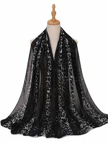 New Spring/Summer Leopard Print Patchwork Modest Chiffon Scarf Hijab Shawls,Accessories,Holiday - Black and White - View 2