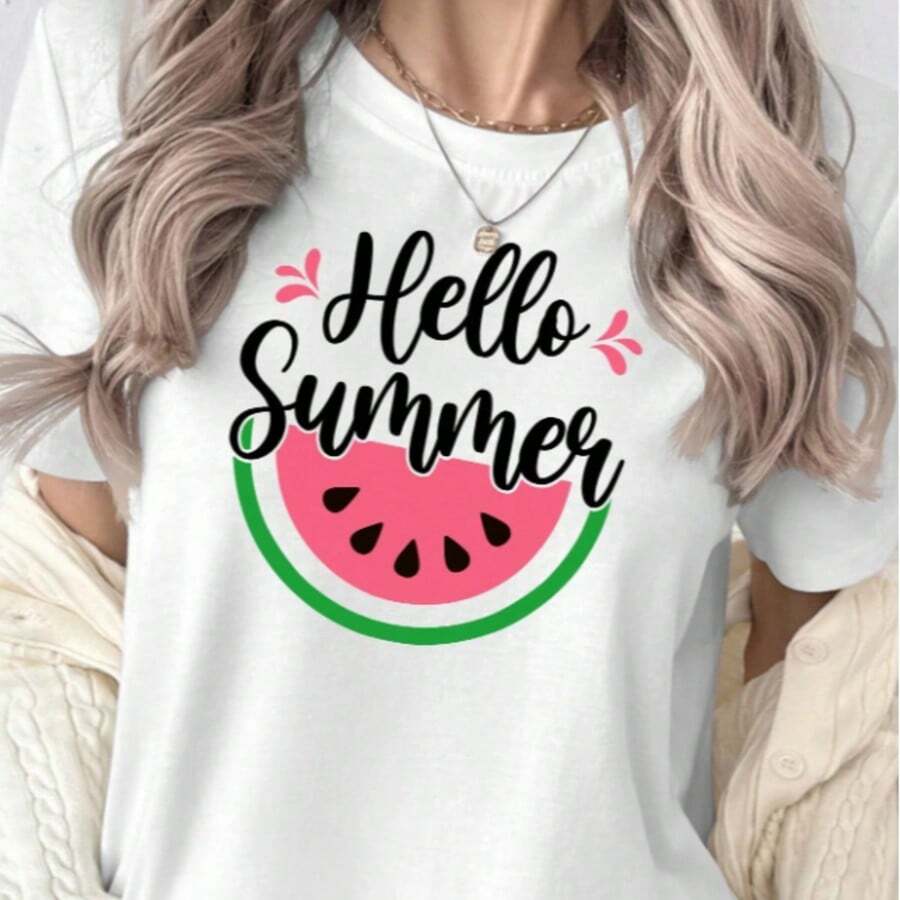 Women's Cotton Short Sleeve T-Shirt, Female Portrait Line Art Print, Casual Elegant Fashion Summer - 白色 - 查看 1