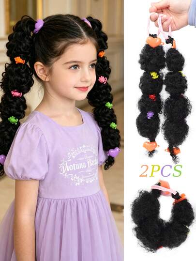 2pcs/Set 12Inch Children's Wig Kids Ponytail Cute Braid Fluffy Afro Ponytail Hair Extensions Hair Accessories For Hair Girl With Elastic