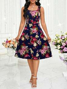 aLady Conjunto de 2 piezas de verano con top corto de unicolor elegante y vestido con estampado floral para mujer - Azul marino - Ver 6