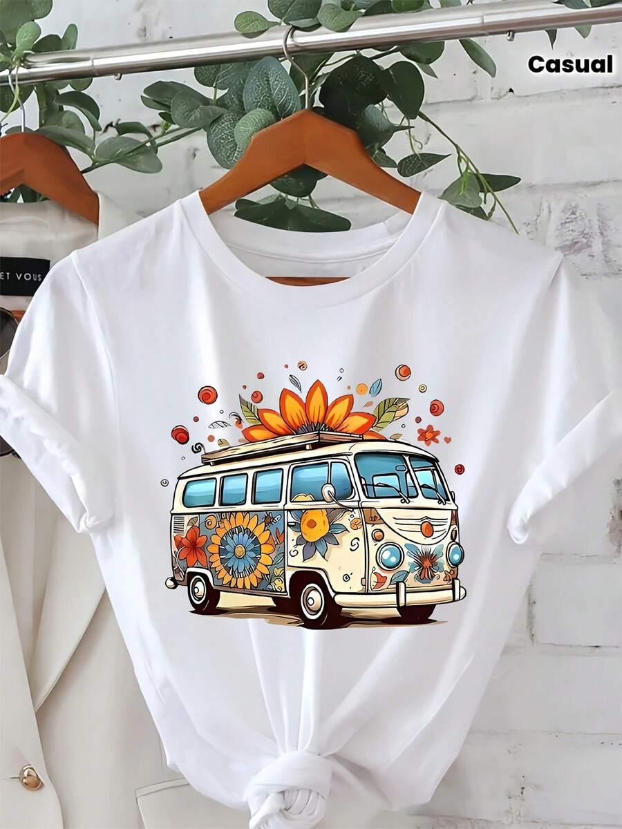 Casual Short-Sleeve Crew Neck T-Shirt With Graphic Design, Perfect For Spring And Summer, Designed For Plus-Size Women.Women's Clothing - White - View 1
