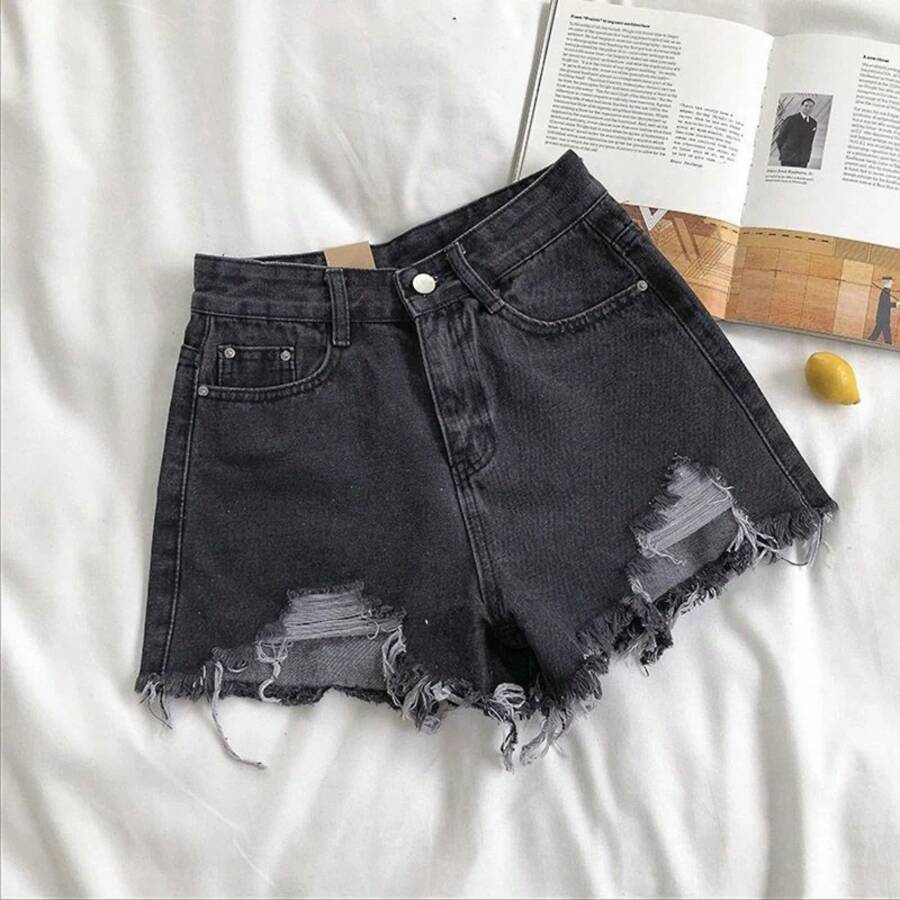 Pantalones cortos vaqueros coreanos para mujer, moda informal de verano, pantalones vaqueros rasgados de cintura alta con bolsillo y borlas Y2K, pantalones calientes, ropa de calle, pantalones azules - Gris negro - Ver 1