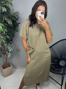 Women's Long Dress With Pocket, Slit, Short Sleeves, High Neck, Knit Fabric, Winter, Loose Fit, Maternity Style - 薑色 - 查看 3