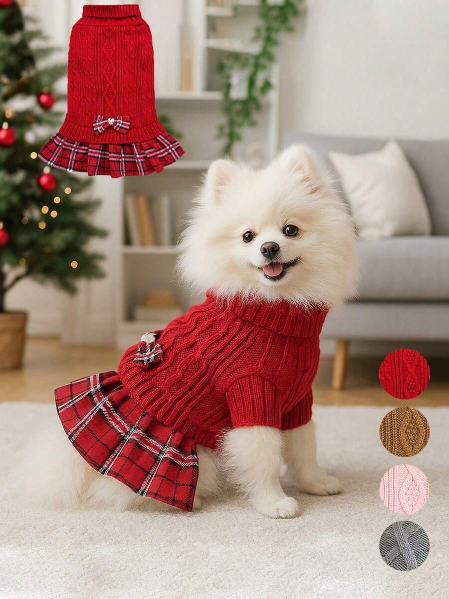 1-Pack Dog Sweater Dress, Suitable For Small Dogs, Winter Warm High-Neck Sweater, Soft Knit Fabric, Cute Dog Dress, Suitable For Teacup Dogs, Yorkshire Terriers, Chihuahuas, And Other Small Dogs. - Red - View 1