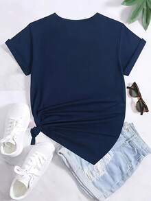 Camiseta de manga corta para mujer con estampado de moda, holgada, casual, combinable con todo, para verano. - Negro - Ver 8
