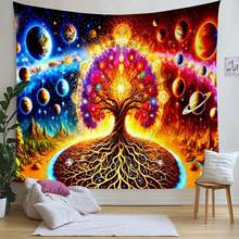 1件装宇宙生命之树印花挂毯，饰有绚丽的星系和行星图案，波西米亚风格，适用于卧室、客厅、宿舍装饰，太空艺术挂毯，柔软涤纶面料，易于悬挂，家居美学装饰 - 宇宙生命之樹 - 查看 8