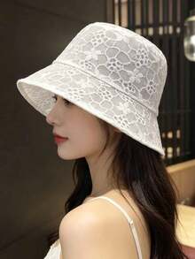 1件装 女士夏季蕾丝泡泡花可折叠遮阳渔夫帽 白色防晒遮阳渔夫帽 时尚百搭 温柔气质镂空渔夫帽 女士帽子/发饰/女士帽/度假必备 - 彩色 - 查看 3