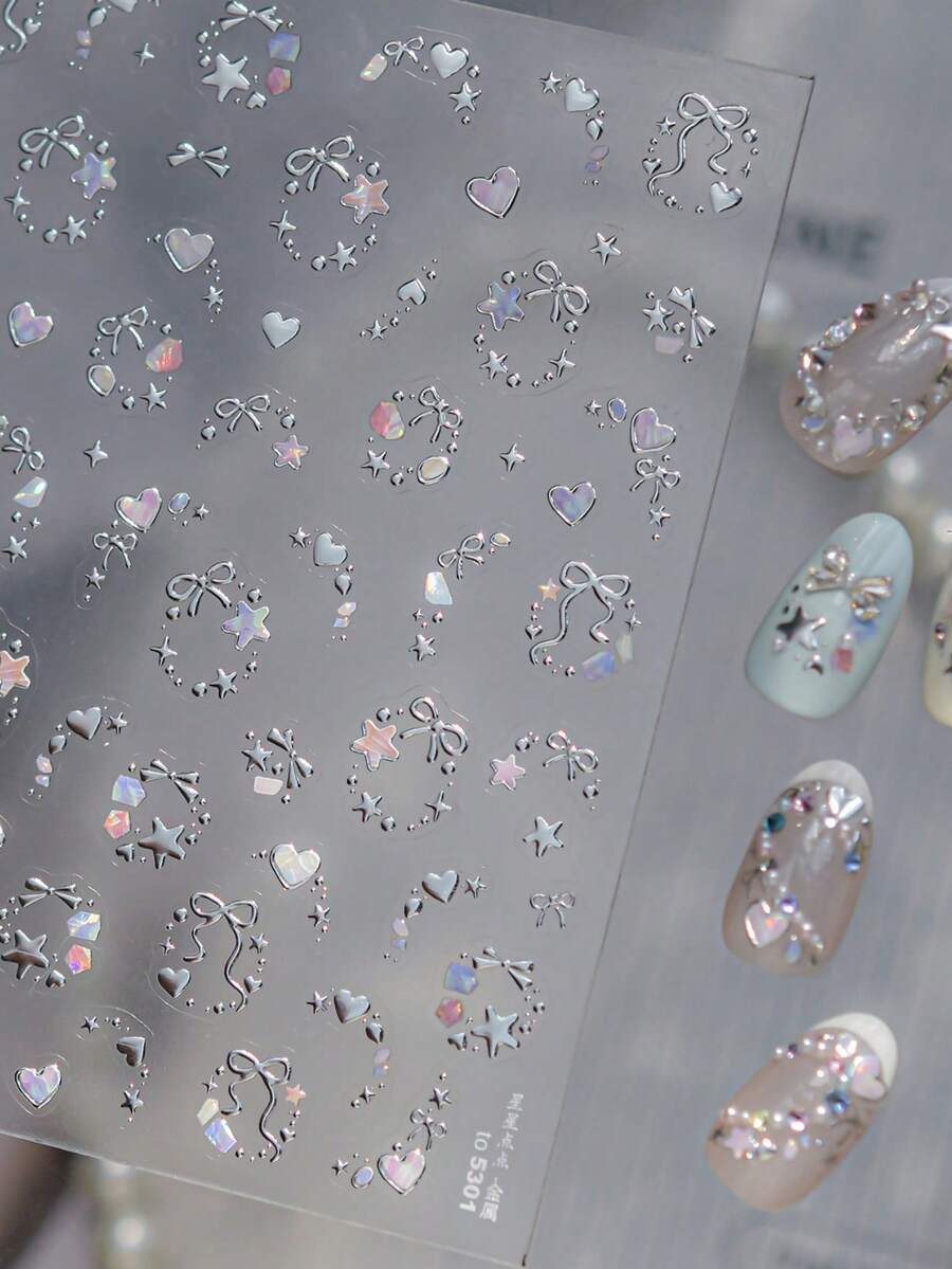 精致星形爱心美甲贴纸，5D金属质感高品质梦幻自粘美甲贴纸，3D美甲贴花DIY - 彩色 - 查看 1
