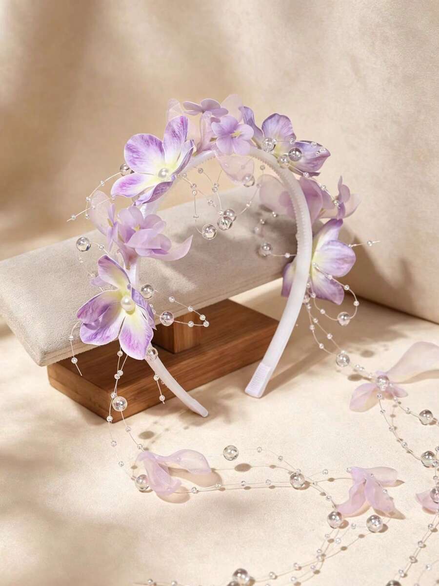 1pc Floral Headband, Faux Flower Boho Style Headwrap With Tassel, Forest Vibe Flower Crown, Delicate Headpiece, Vacation & Bridal Accessory,Festival,Party - 22481 Purple - View 1