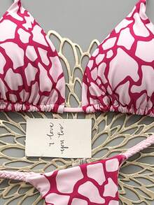 2pcs Casual Elegant Sexy Bohemian Floral Print Tie-Up Braided Bikini Swimwear, Suitable For Beach Vacation In Spring/Summer Pink - Pink - View 3