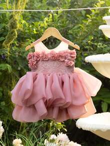 Baby Girl 3D Flower Bow Tulle Princess Party Dress, Suitable For 1st Birthday, Party, Wedding, Formal Occasions - Pink - View 5