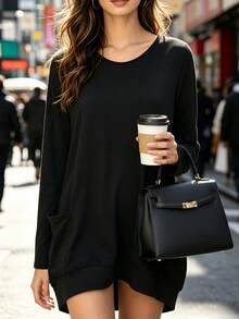 New Plus Size Black Sweatshirt, Unisex Plus Size Fit Slimming Black Sweatshirt, Knitted Brushed Fabric For Streetwear, Dating, Graduation, Suitable For All Occasions Casual Spring - Black - View 4