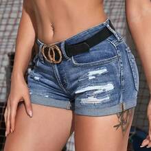 Pantalones cortos vaqueros con abertura para mujer, Shorts informales de cintura media, elásticos, ajustados, perforados, a la moda, Sexy, para playa, Verano - Azul - Ver 3