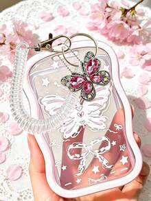 Pink Diamond Butterfly Pendant Card Holder With Pearl Chain, High-Quality Star Bow Transparent Wave Edge Design Card Case With Spring Cord And Buckle, Suitable For Student ID, Meal Card, Transit Card, Access Card, Bank Card And Other Cards, Scratch-Resistant And Shockproof, Suitable For Campus Commute, Daily Travel, Office Access, Gift For Friends, Girlfriend, Students, Birthday, Holiday, School Gifts - Multicolor - View 6
