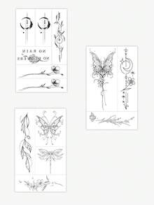 3张贴纸，极简线条风格蝴蝶、花卉和月亮图案，临时纹身贴纸，防水防汗，适用于手臂、腹部，不反光，逼真纹身效果，适合人群，日常使用，可持续3-5天 - 黑色 - 查看 4