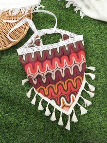 1pc Bohemian Style Red Wavy Striped Tasseled Triangular Scarf (Random Tassel Quantity) - Red - View 7