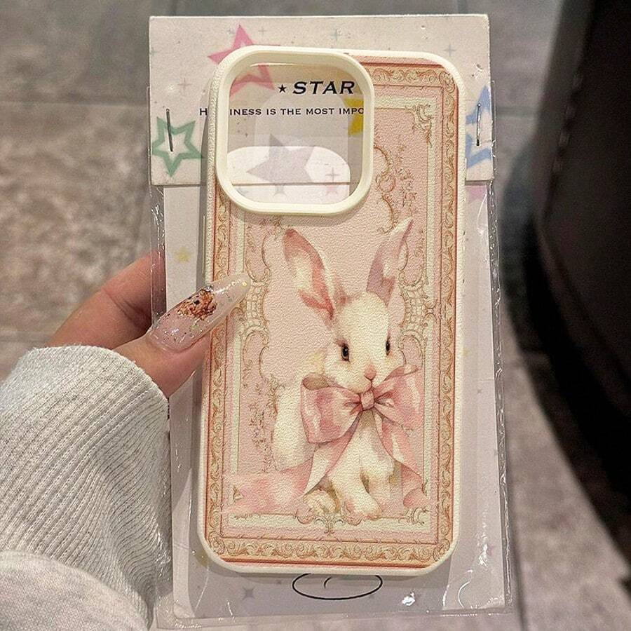 1个TPU材质复古粉色边框兔子蝴蝶结设计手机壳,兼容 17 Pro Max/17/16 Pro Max/15/13/12/11、S20 FE/A15/S24/A55、Note 11/12/13 Pro,全包防摔软保护壳 - 白色 - 查看 1