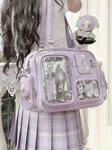 New Japan PU Leather Y2K Heart Chain Transparent Badge Satchel Bag, Casual Minimalist Multipurpose Commuter Bag - Purple - View 2