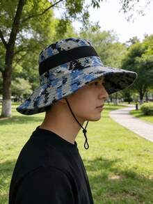 1件迷彩圖案防曬男士漁夫帽，透氣徒步釣魚防曬帽，戶外活動女士帽，運動騎行帽附防風繩 - 彩色 - View 5