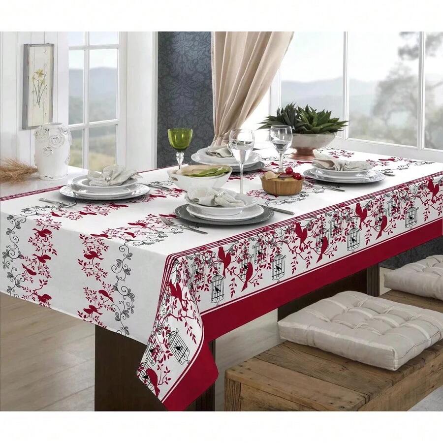 Luxury Oxford Rustic Linen Tablecloth For 4/6/8 People, Various Prints - BIRDS - View 1